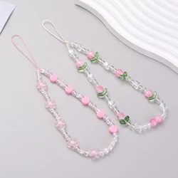 Acrylic Flower Shape Bead Mobile Phone Strap Chain Women Girl Sweet Cellphone Jewelry Accessory For Telephone Lanyard Decoration