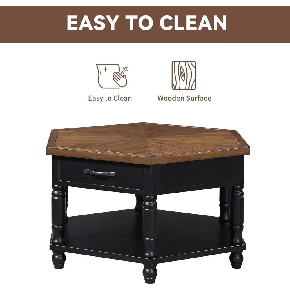 36" 2 Tier Hexagon Wood Coffee Table with Storage Shelf & Drawer Solid Wood Feet Mid-Century Vintage Center Coffee Table