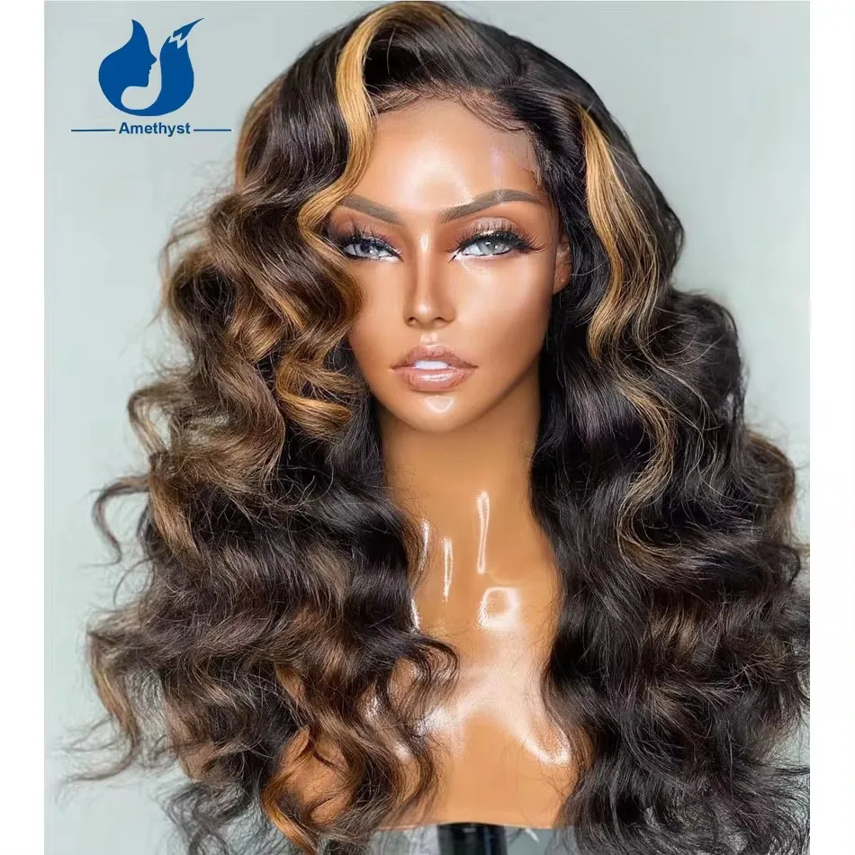 Amethyst Curly 13x6 Highlights Lace Front Wigs Human Hair For Women Brazilian Remy Hair Pre Plucked Side Part Loose Deep Wave