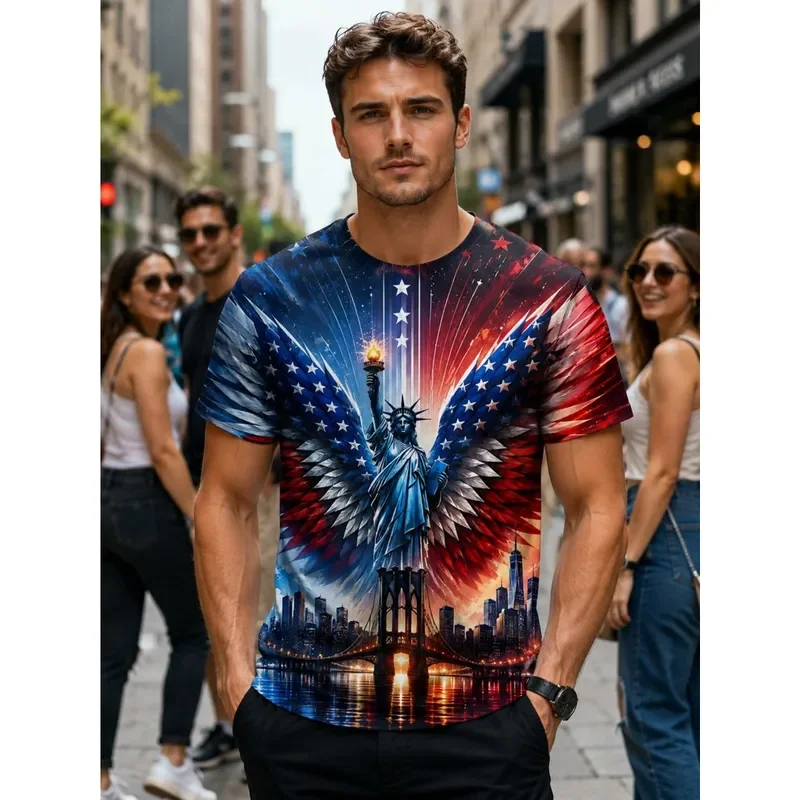 Men Crew Neck T Shirt Statue Of Liberty Feathered Wings US Star Details NYC Bridge Skyline Water Reflection Patriotic Casual