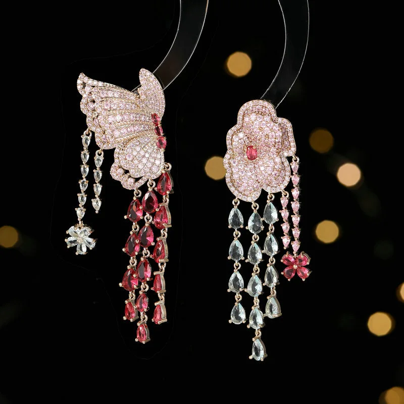 

EYER Luxury Butterfly Flower Tassle Earrings For Women Birthday Party Jewelry Gifts CZ Zircon Dangle Drop Colorful Long Earrings