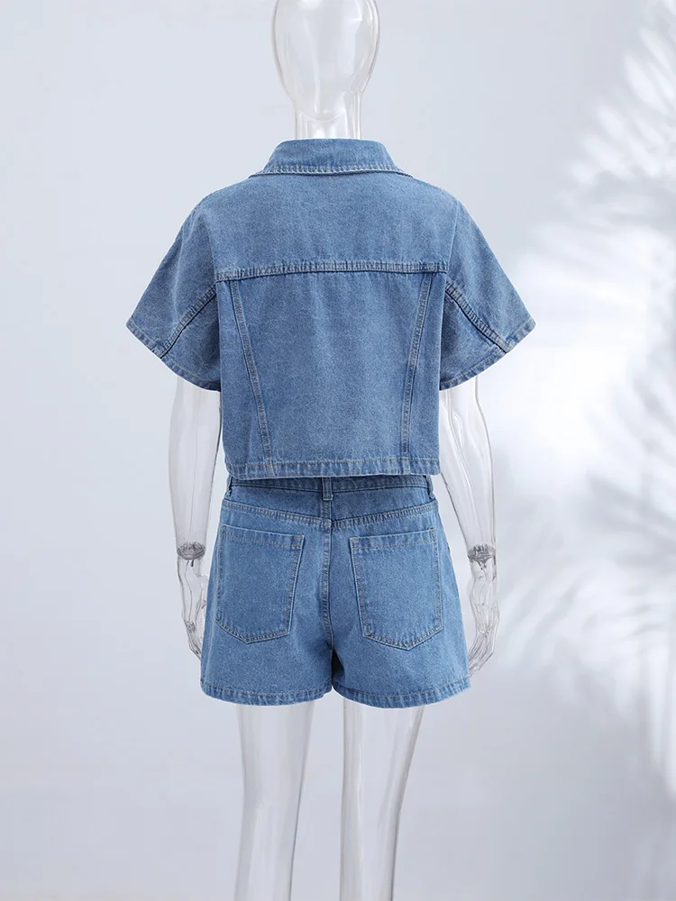 Denim-Kurzarm-Crop-Top und Skort-Set für Damen, Sexy V-Ausschnitt, Einreihige Oberteile, Hochgeschnittene Culottes, Schicke Damen-Partykleidung, Neu – Detail 5