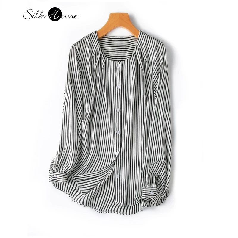 

Workplace Style 19MM 93%Natural Mulberry Silk Elastic Plain Satin Round Neck Long Sleeved Black and White Vertical Stripe Shirt