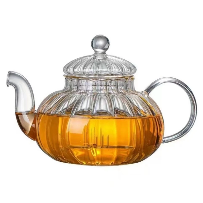 Glass Pot Striped Pumpkin Shape Flower Teapot Glass Teapot with Infuser Tea Leaf Flower TeaCup-A57M