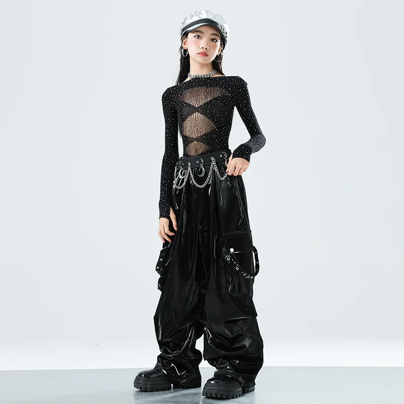 ชุดเต้นแจ๊สเคป๊อปสำหรับเด็ก ชุดเสื้อตาข่ายประดับเพชรสำหรับเด็กผู้หญิง กางเกงหนังสีดำ ชุดแสดงบนเวทีคอนเสิร์ต ชุดแสดงบนเวที