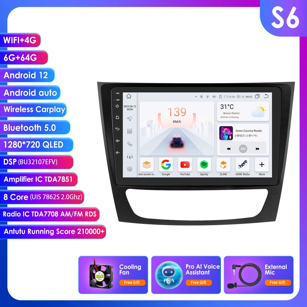 9 inch draadloze Carplay autoradio Android voor Mercedes Benz E-Klasse W211 E200 E220 E300 E350 E240 E270 E280 CLS-Klasse W219 stereo