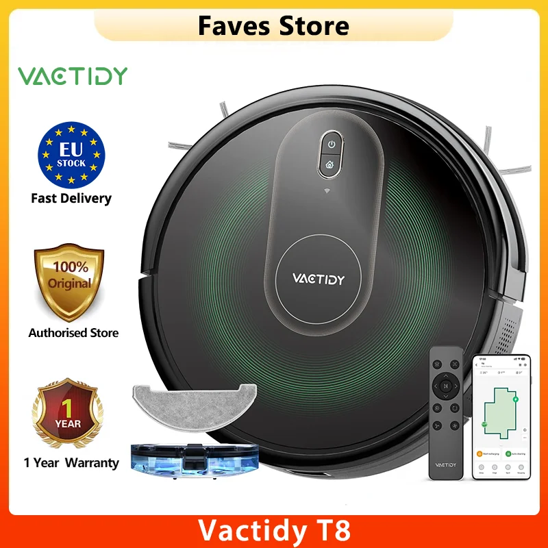 Vactidy T8 Robot Vacuum Cleaner, 2 in 1 Mopping Vacuum, 3000Pa Suction, 250ml Dust Bin, Carpet Detection, App Control Slim Quiet