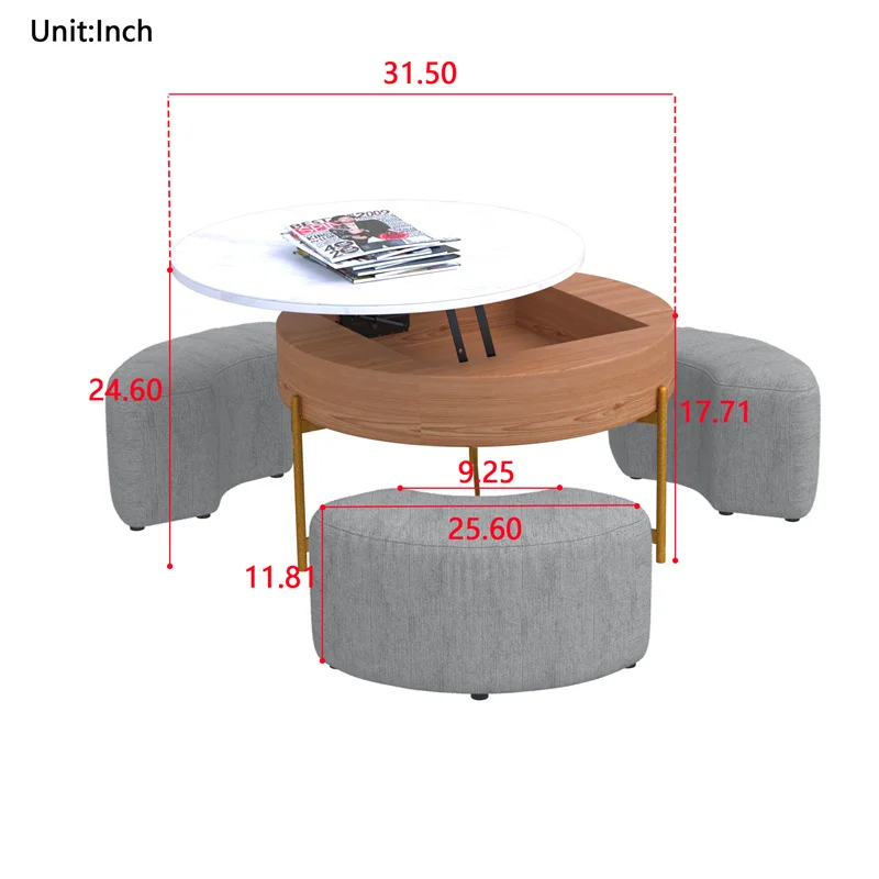 Factory Wholesale Modern Luxury Round Adjustable Can Lift 360 Degrees Rotating Storage Lift up Coffee Table