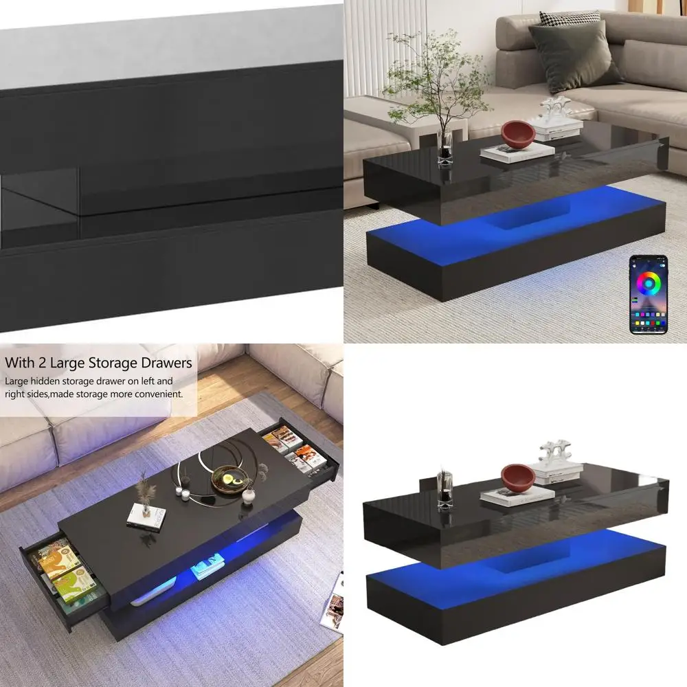 

Большой глянцевый светодиодный журнальный столик с ящиками для хранения - современный черный/белый для гостиной