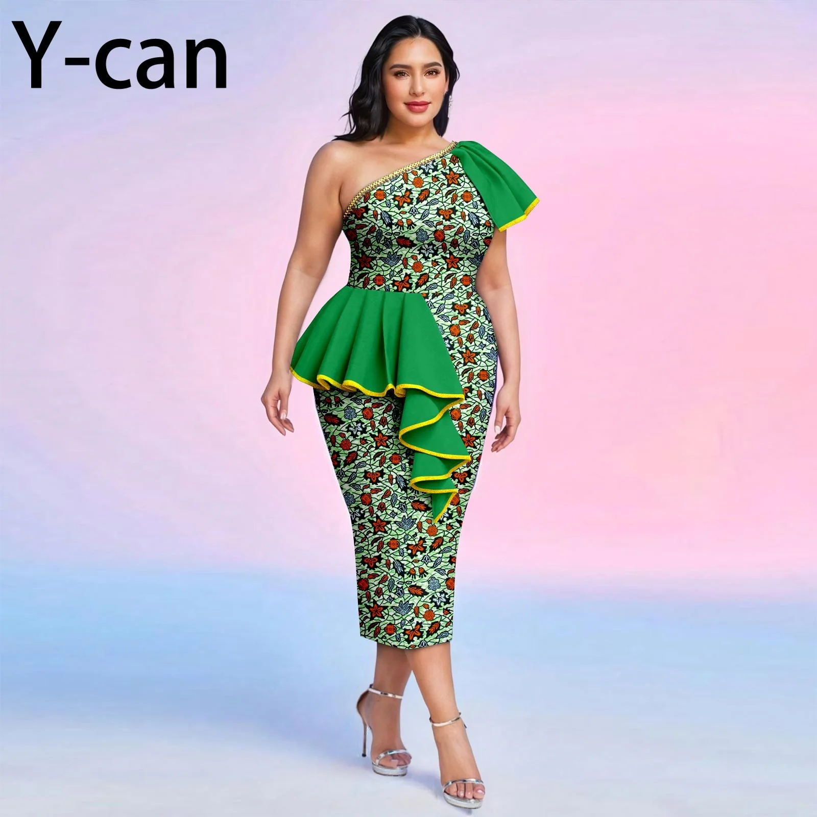 African Party Dress for Women One Shoulder Ankara Wax Print Patchwork Ruffled Dress Elegant African style 2525062