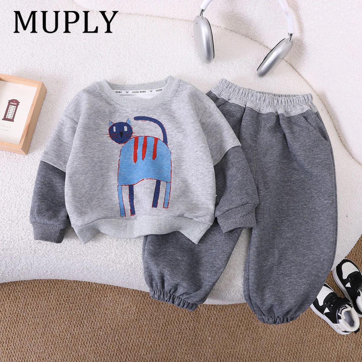 2Pcs Cotton Sweatshirt Kids Unisex Cartoon Cat Printed Fleece Crew Neck Long Sleeve Top Pants Autumn Winter for 2-8Y Children