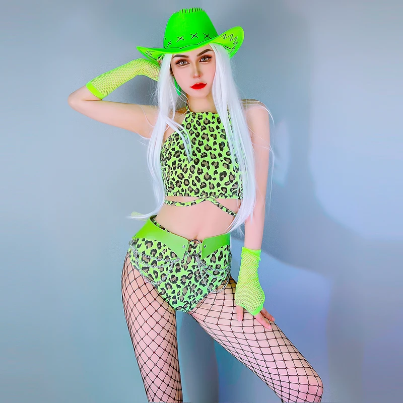 Green Leopard Gogo Dance Costume Female Jazz Dancewear Nightclub Dancing Clothes Rave Outfit Girls Gruop Dance Wear YS3690