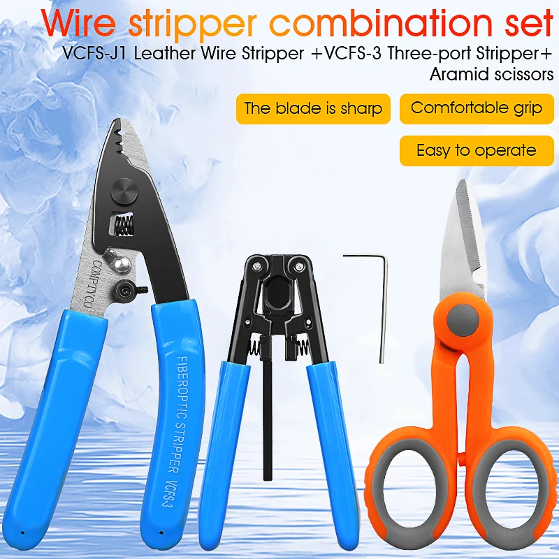 

3PCS Fiber Optic Tool Kit VCFS-2/3 Two/Three-Port Fiber Optical Stripper and Aramid Scissors and Wire Stripper