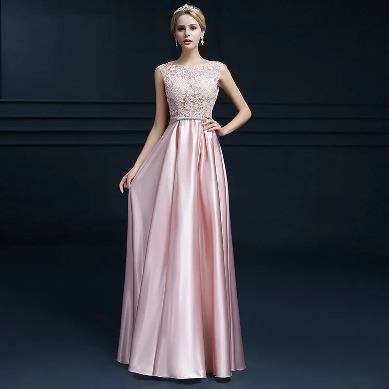 Satin O Neck Evening Dresses A Line Lace Elegant Floor-length Sexy Plus Size Formal Party Gowns Robe De Soire