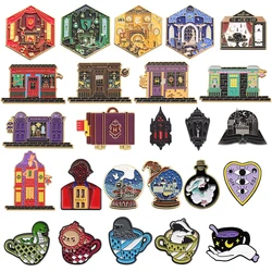 Cartoon Magic School Metal Brooch House Witch Shop Suitcase Castle Lamp Train Animal Cup Crystal Ball Magic Badge Punk Pins Gift