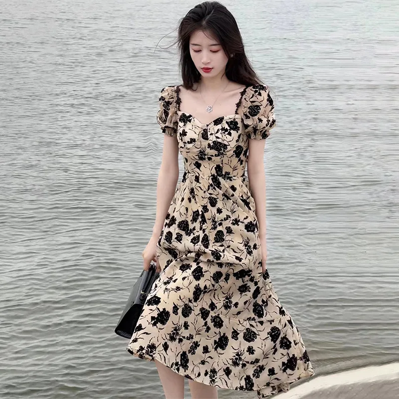 Dried Rose Hepburn Style Dress French High Waist Dress with Unique Design, Tea Break Floral Long Dress for Women