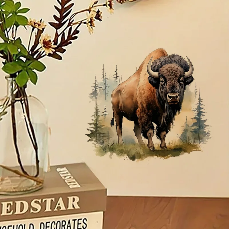 Bison Watercolor Sticker, Water-proof Wall Decal, Used for Wall, Bathroom, Cabinet, Door,Toilet Lid, Car, Laptop QT20