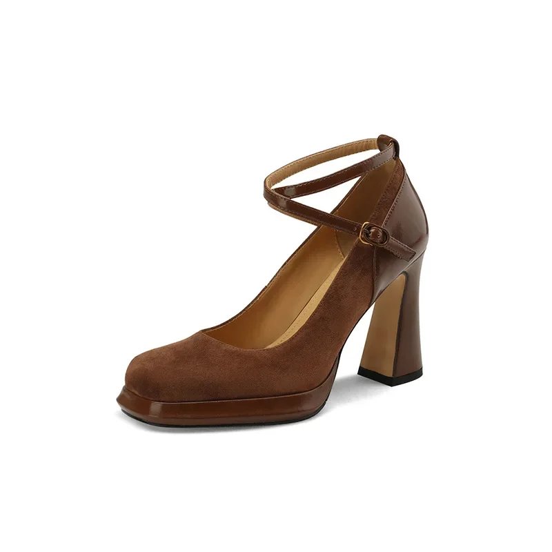 

Flock Women High Heels Cross-tied Mary Jane Shoes for Women Summer Buckle Strap Women Sandals Wedding Party High Quality Pumps