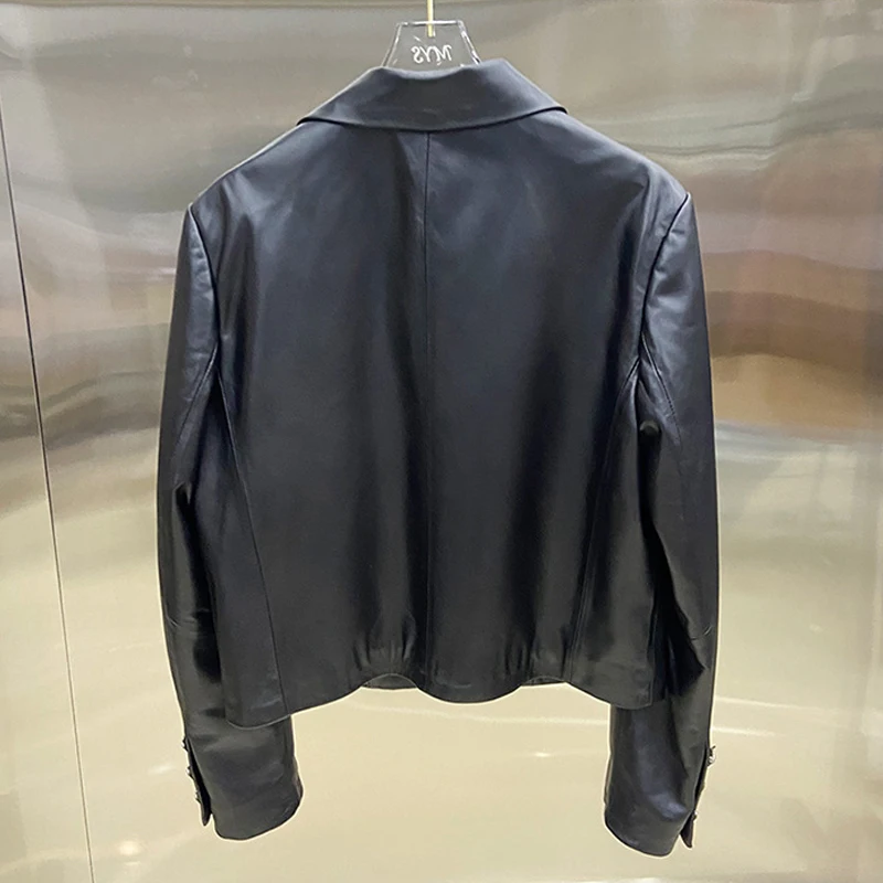 2024 New Lambskin Blazer Jacket Fashion Short Single-breasted Women Black Full Sleeve Genuine Leather Slim Fit Jacket Coats