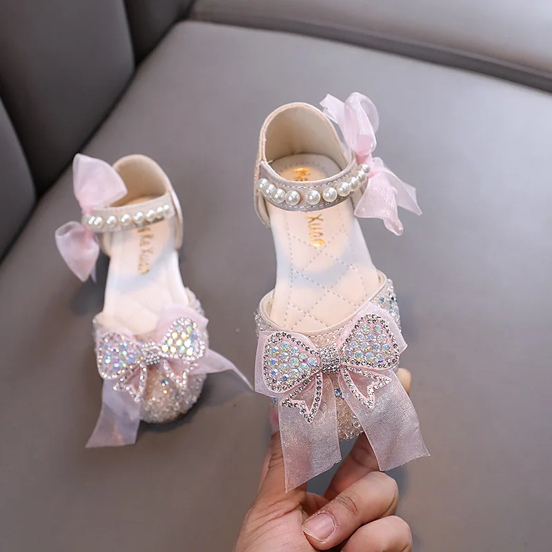 AINYFU Children's Sequined Leather Sandals 2024 Fashion Kids Wedding Sandals Girls Princess Rhinestone Bowknot Single Shoes J251