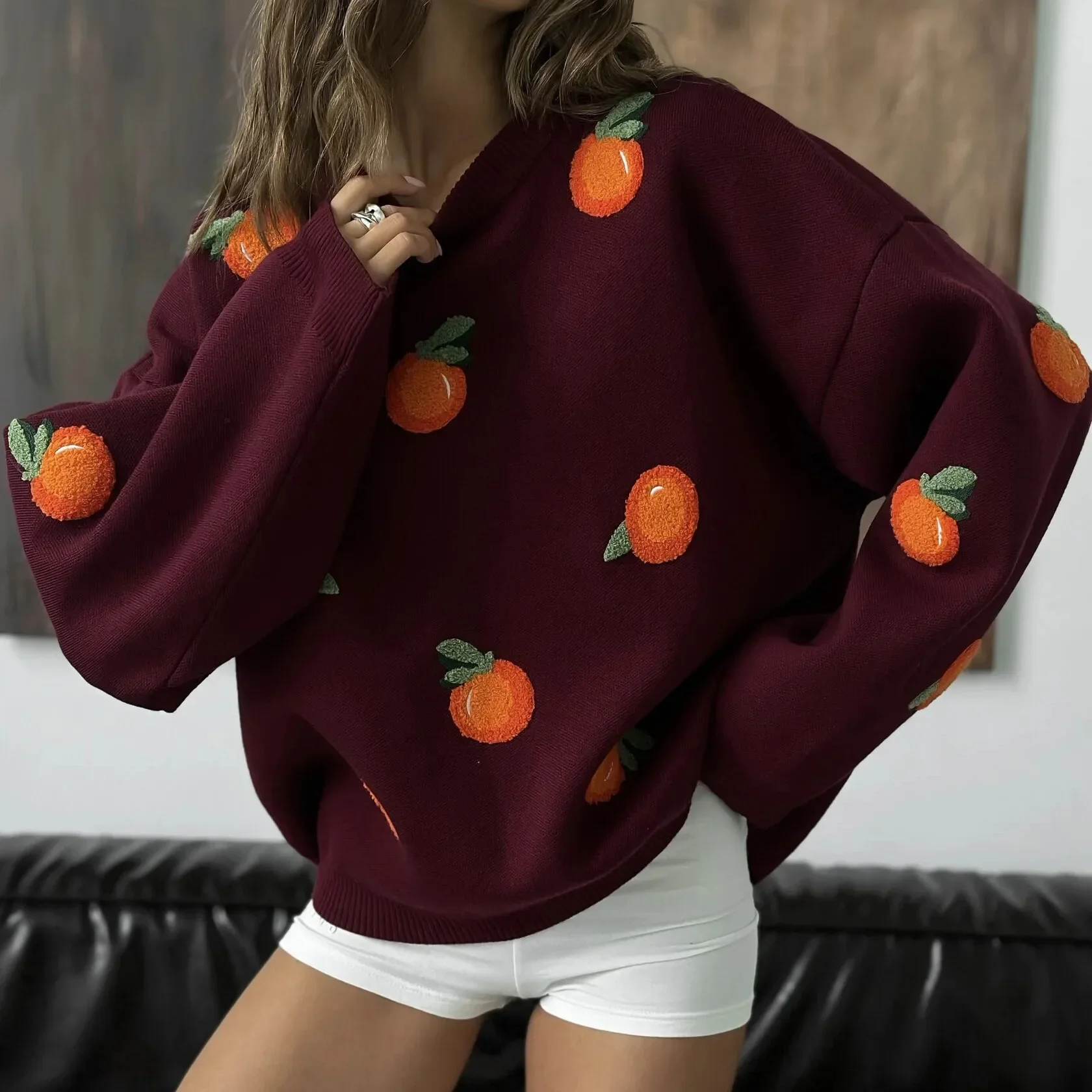 Tangerine embroidery long-sleeved knitwear senior sense loose crew neck pullover sweater for women