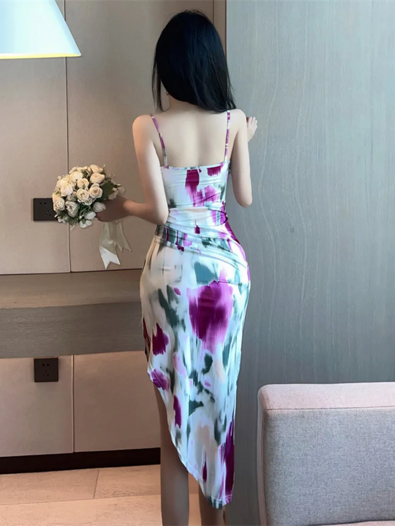 Nightclub Style Sexy Backless Sweet Floral Wrap Buttocks Long Dresses Elastic Low Cut Tight Fitting Mid Length Dress Elegant N0H