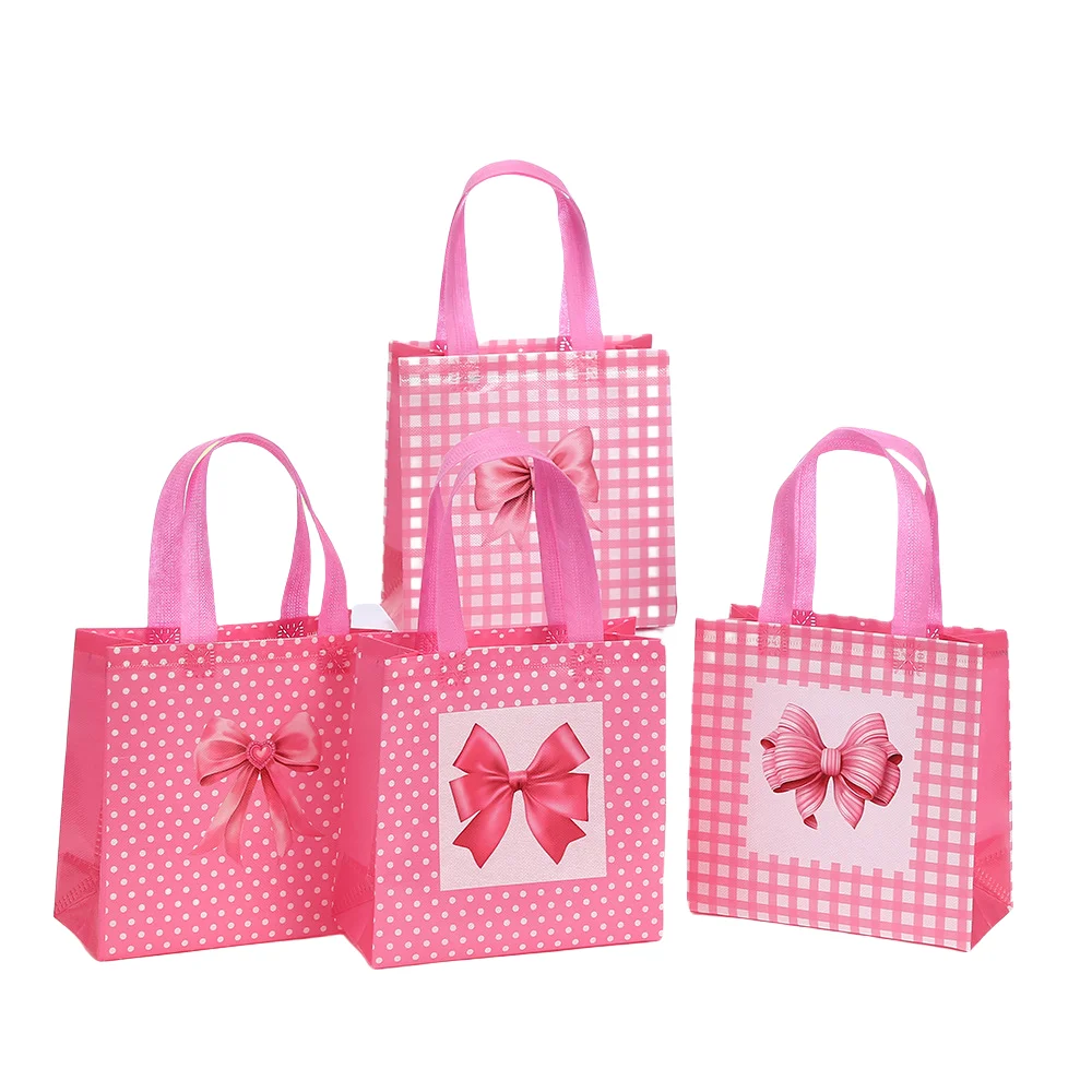 LPZHI 2025 NUEVOS bolsos no tejidos con tema de lazo rosa para dulces bolsas para envolver regalos suministros para fiestas de niñas compras de dulces de cumpleaños