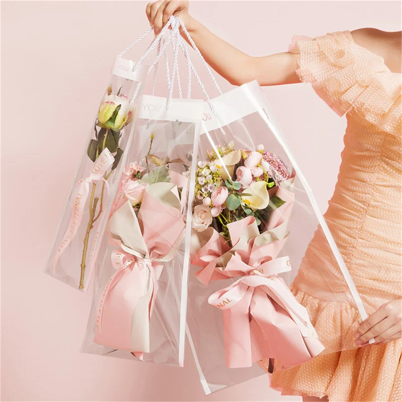10 Pcs Rose Flower Tote Bags Clear Packaging Bags Handbag Bouquet Wrapping Floral Supplies Gift Bag Valentine\'s Day Decor