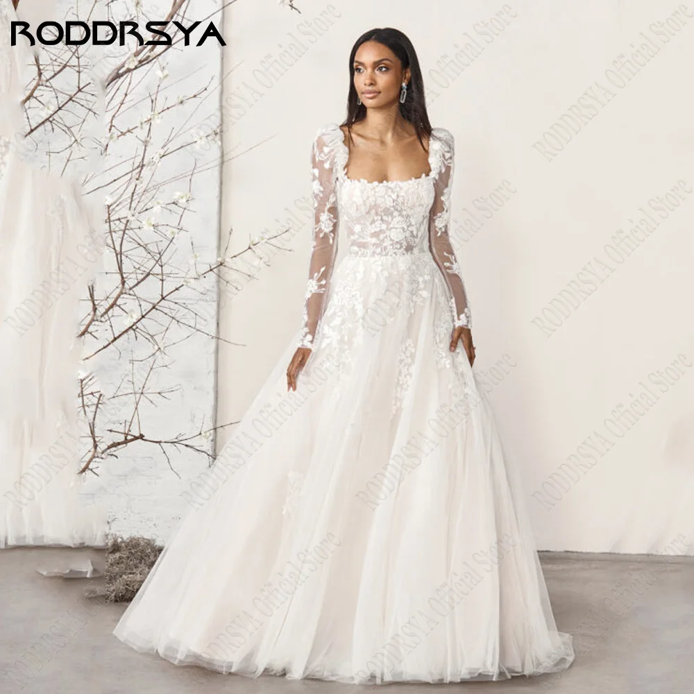 RODDRSY Elegante Brautkleider Spitze Applique Lange Ärmel Brautkleider Tüll A-Linie BacklRoddrsy elegante Brautkleider Spitze Applikation lange Ärmel Brautkleider Tüll a-Linie rücken frei zivilen Platz vestido de noiva