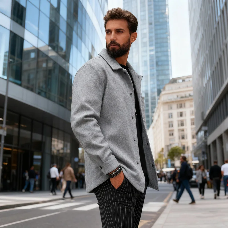 سترة رجالية دافئة مصقولة بأزرار سفلية معطف كاجوال لخريف وشتاء الأعمال، مع جيب #5