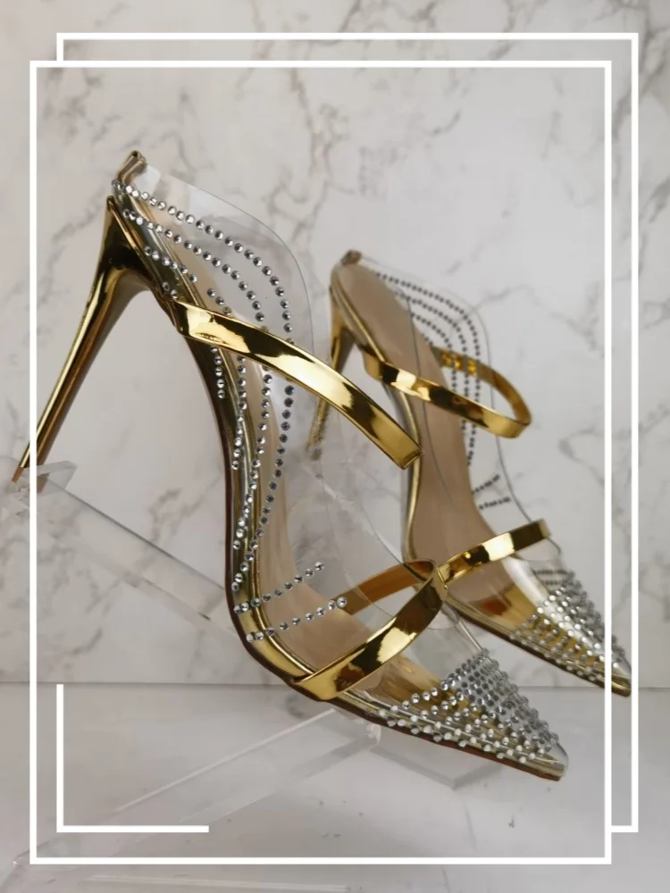 

Golden Pointed Toe Women Sandals Ankle Strap Summer Slippers Solid Slip On Thin Super High Heels Slide Grace Fashion Sexy Shoes