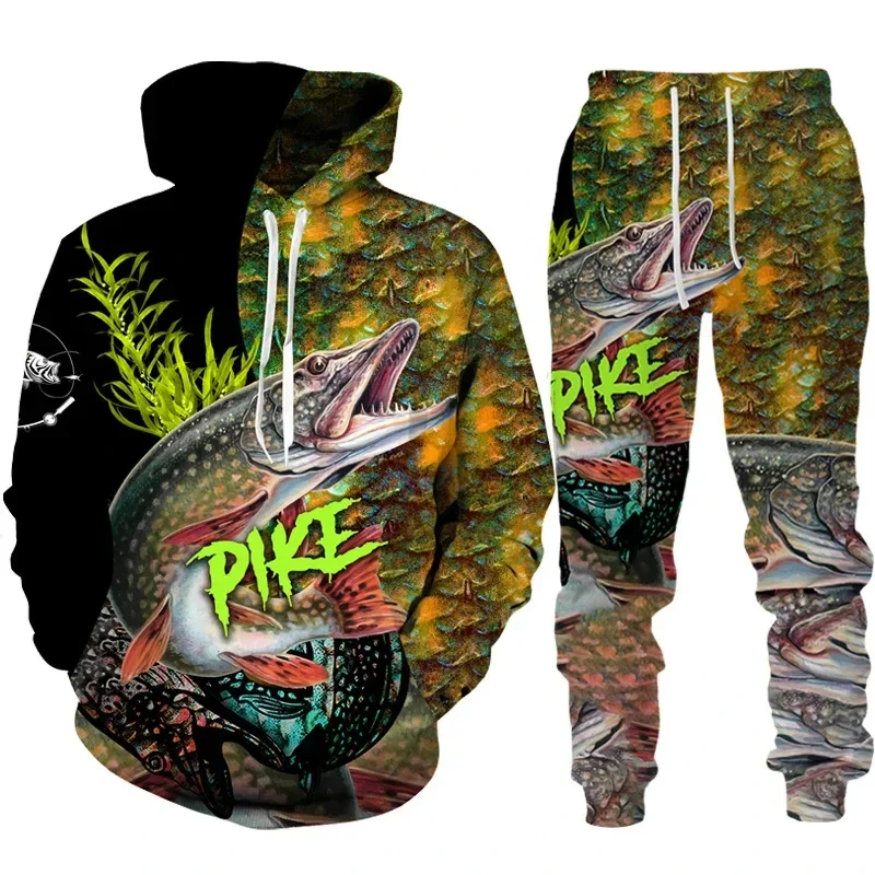 Conjunto de Sudadera con capucha con estampado 3D de pescado para hombre, ropa deportiva informal de camuflaje para pesca, moda para exteriores, jersey de manga larga de gran tamaño de alta calidad