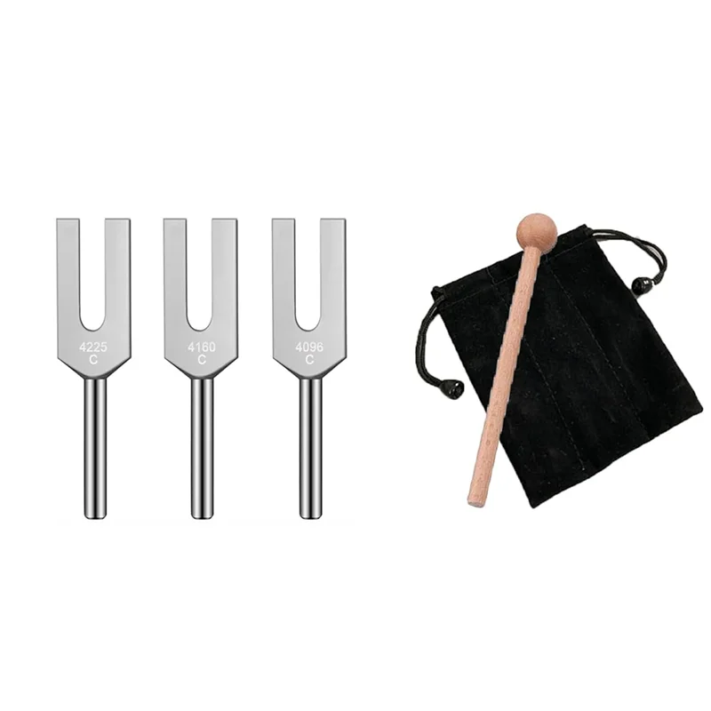 Angel Tuning Fork Set - 4096 Hz, 4160 Hz, 4225 Hz - Therapeutic Instrument Set With Wooden Strike And Storage Bag