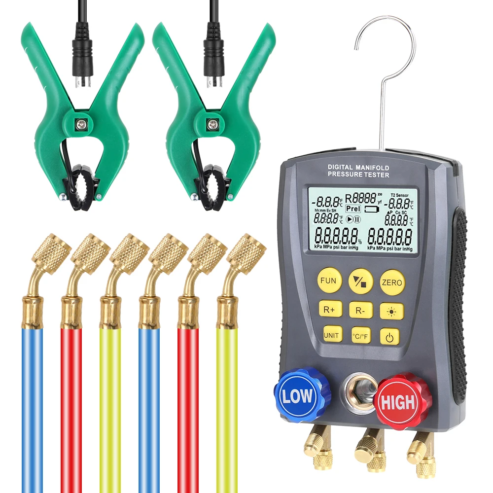 MZ517 Digital Pressure Gauge Valves Tool Kit 0-6000Kpa Refrigeration Vacuum Pressure Manifold Tester HVAC Temperature Tester