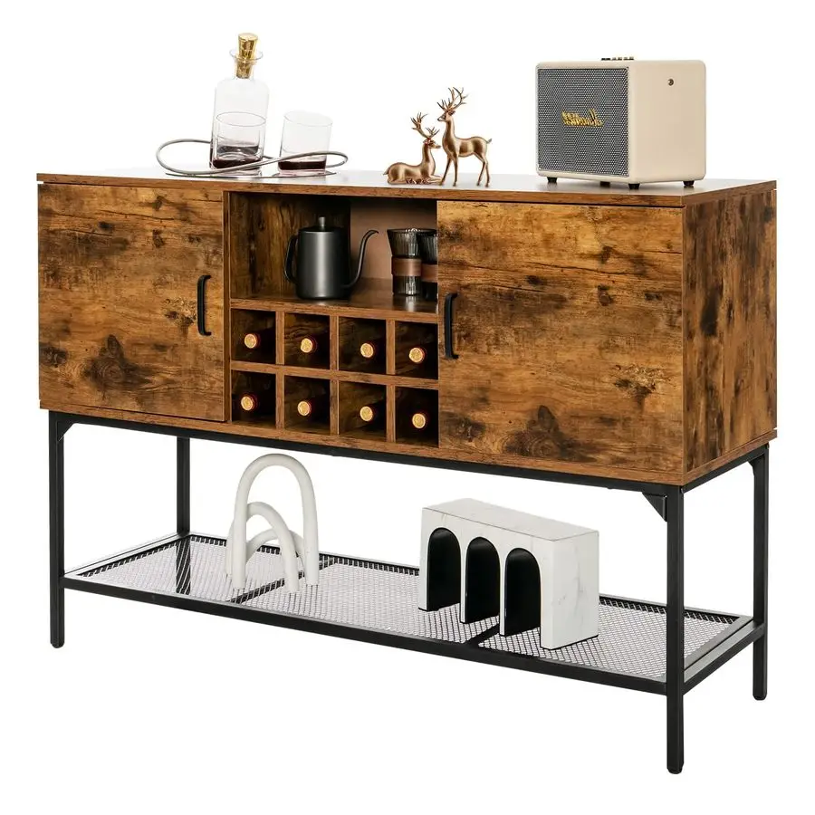 

Industrial Buffet Cabinet with Storage, Home Kitchen Wine Cabinet with 8Bottle Rack amp Metal Mesh Shelf, Coffee Bar Sideboard w