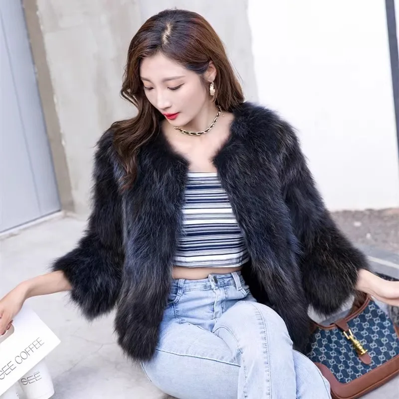 Real Raccoon Fur Woven Coat for Women Short Fur Jacket Long Sleeve V-Neck Fashion New Style Autumn and Winter