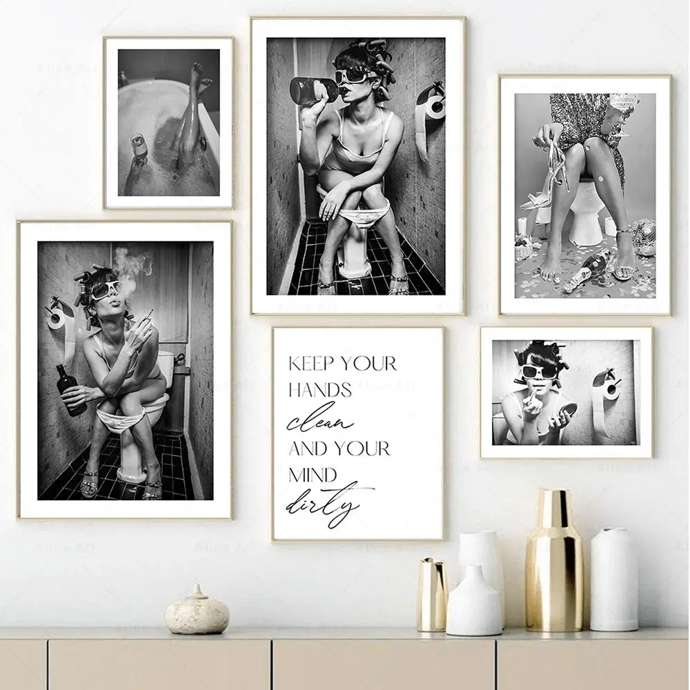 Toilet Sexy Woman Canvas Prints Fashion Black White Girl Drinking Smoking Bathroom Pictures Posters Modern Home Wall Art Decor