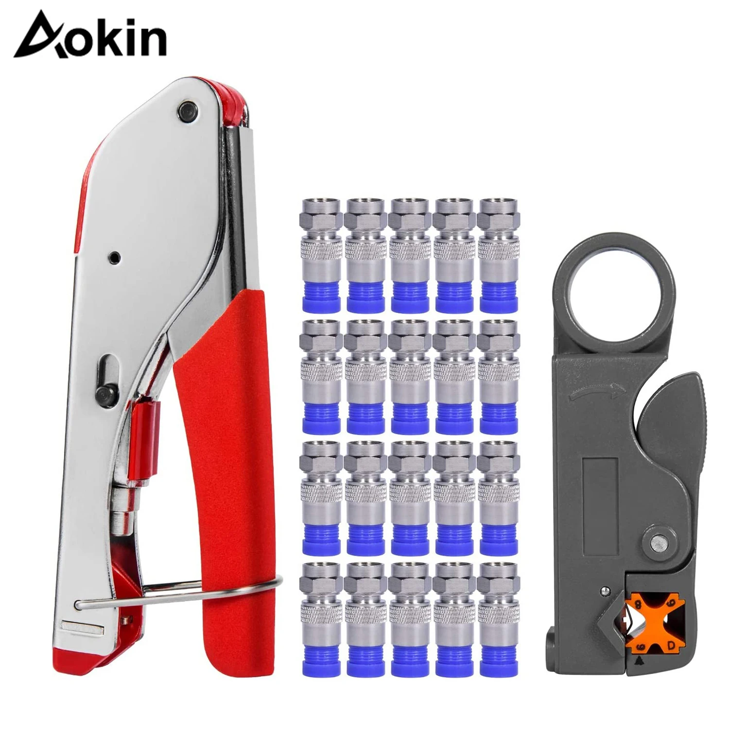 3 In 1 Tool Kit Coax Cable Crimper Coaxial Compression Tools Kit Wire Stripper with 20Pcs F RG6 Connector Tools Set