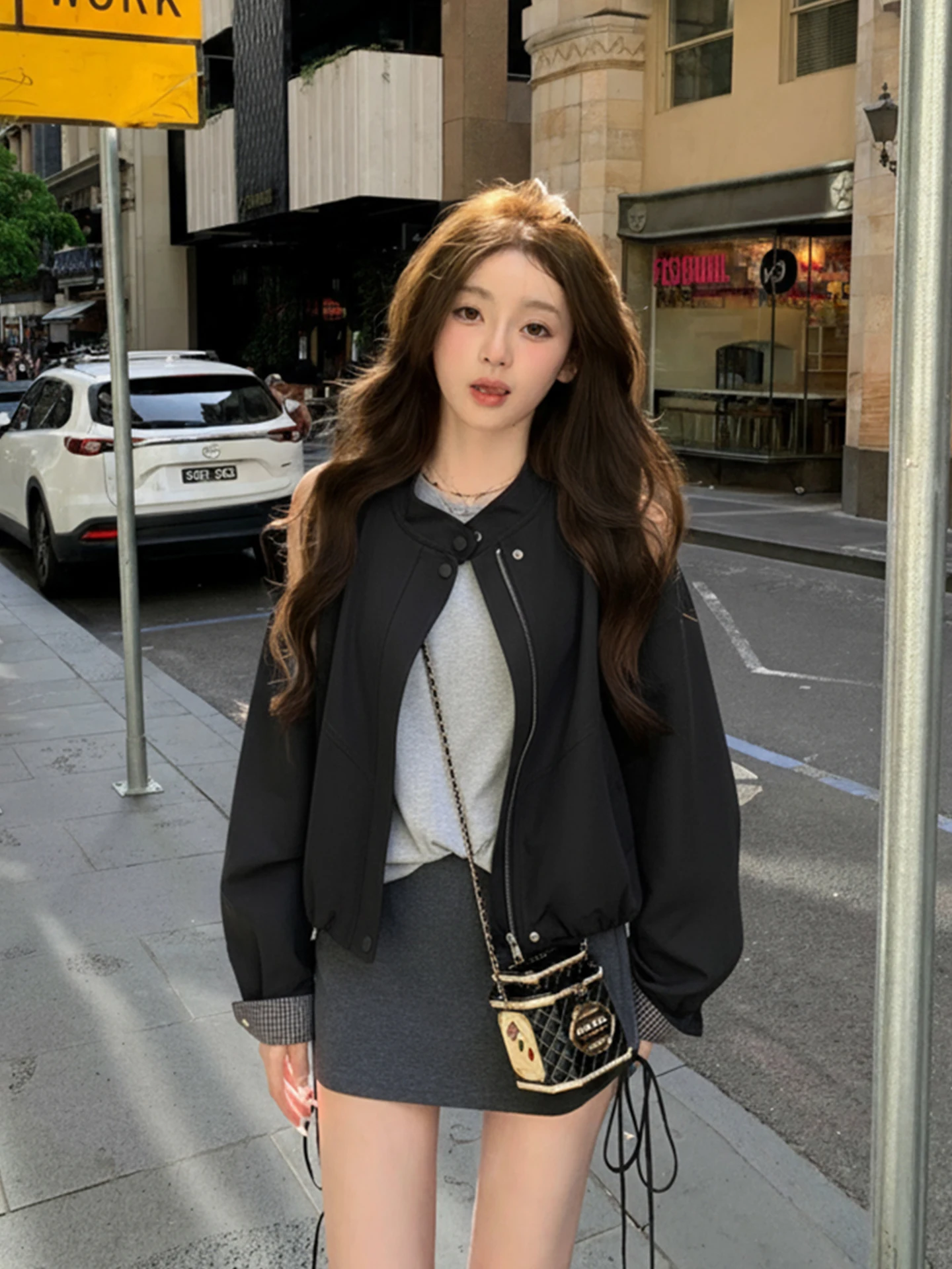 Chic Vintage ort Zipper Leather Jaet Stand Collar Loose Women's Versatile Autumn Faion Commute Sle Small Size Friendly