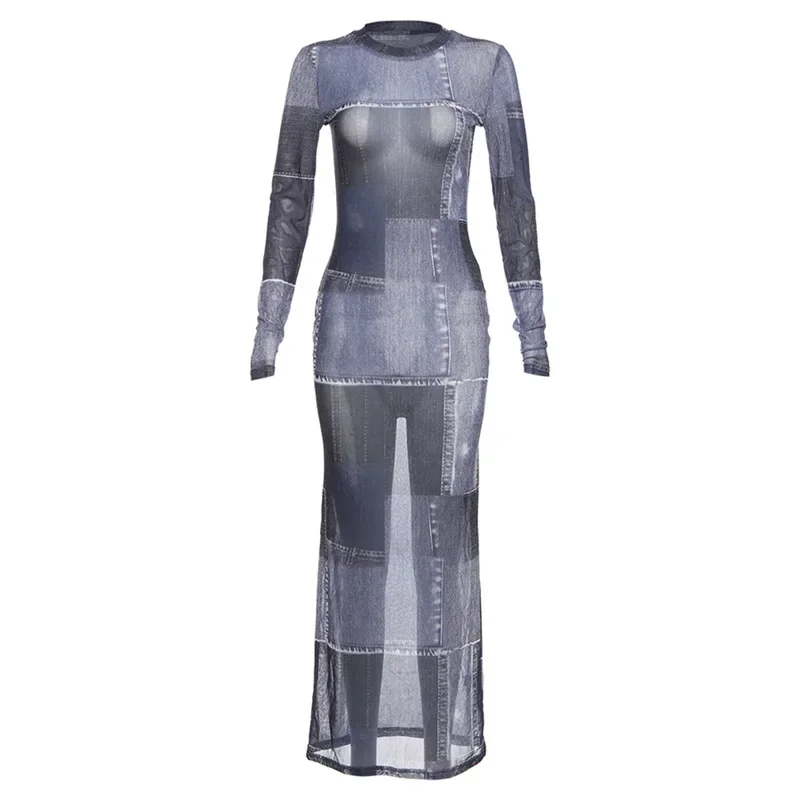 Feest Sexy Dame Denim 3d Print Slanke Jurk Lange Mouw Bodycon Maxi Jurk Mode Imitatie Denim Pakket Hippe Jurk Nieuw