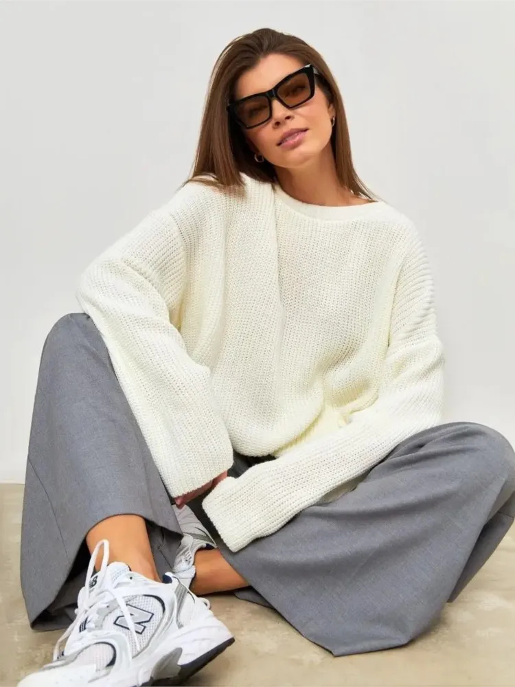 Casual Loose Solid Knitted Pullover Sweater For Women Long Sleeve O-neck Sweater Female Autumn Winter Warm Office Ladies Sweater