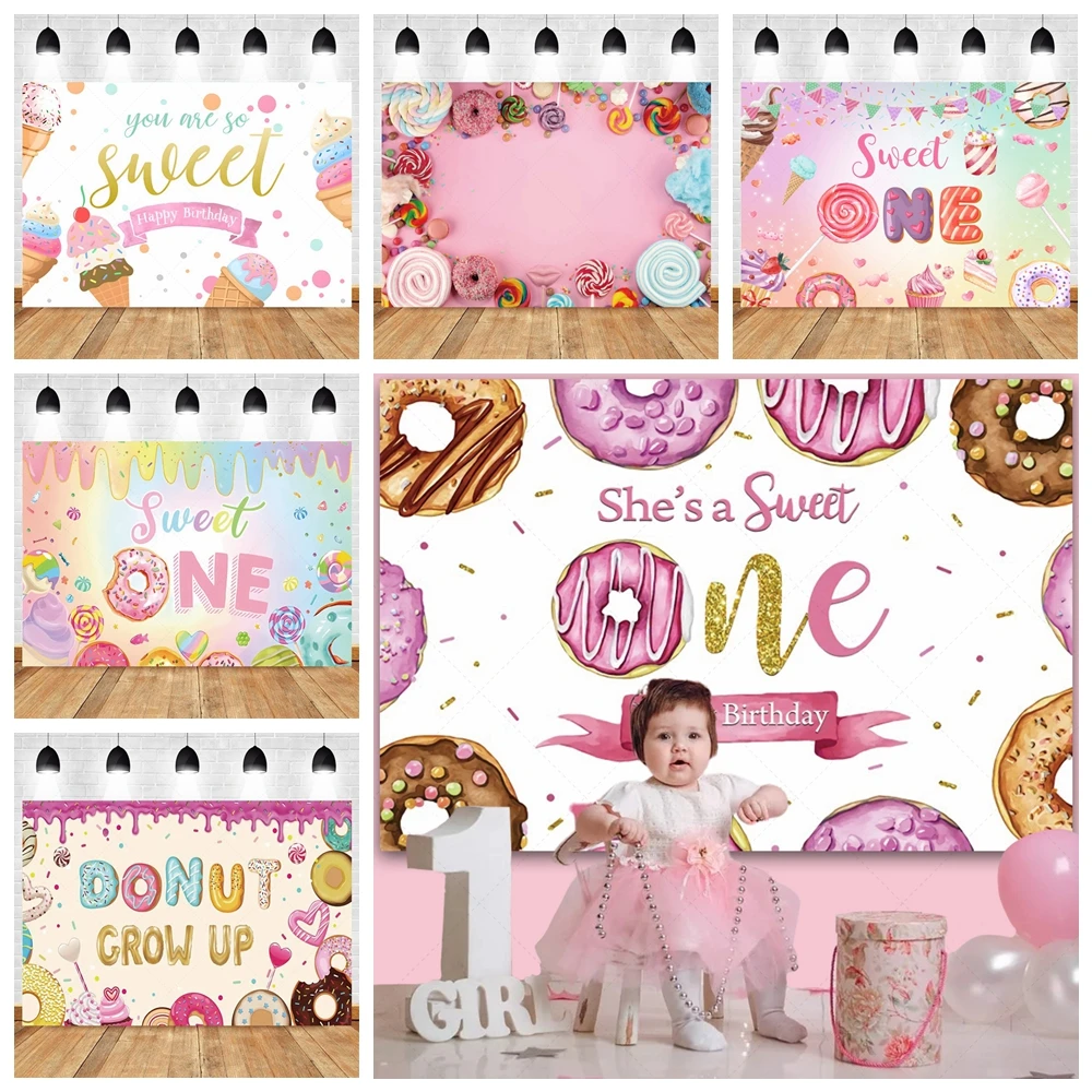 

Children's First Birthday Party Decoration Background Candy Theme Ice Cream Cart Lollipop Girl Baby Photo Photo Studio Props