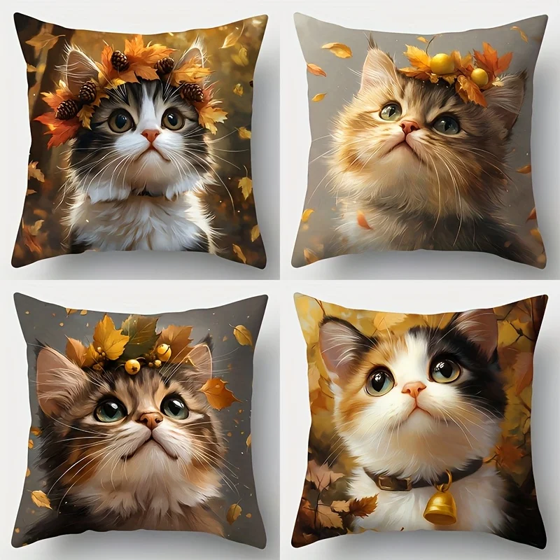 

4pcs Cute Cat Cushion Cover Autumn Leaves Acorn Printed Pillow Case Polyester Home Decor Sofa Living Room 2D Flat