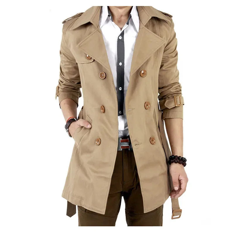 

2025 Autumn Spring Trench Coat Men Slim Korean Double-Breasted Mid-Length Fashion Jacket Winter Cosplay Costume