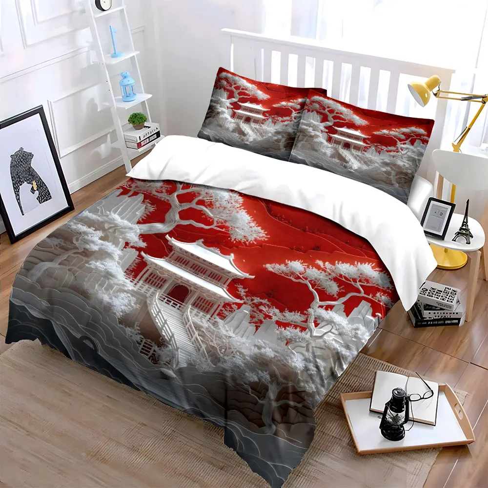 White relief courtyard with red background Bedding Set for Kids Luxury Gift 3pcs Digital Print Comforter Set Soft Comfortable