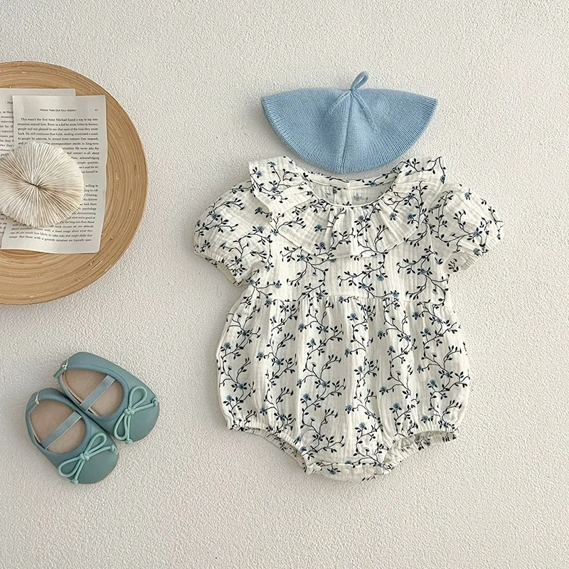 جديد صيف 2025 بدلة بناتي للأطفال الرضع بأكمام قصيرة من القطن مطبوعة لحديثي الولادة ملابس بناتي 0-24 متر