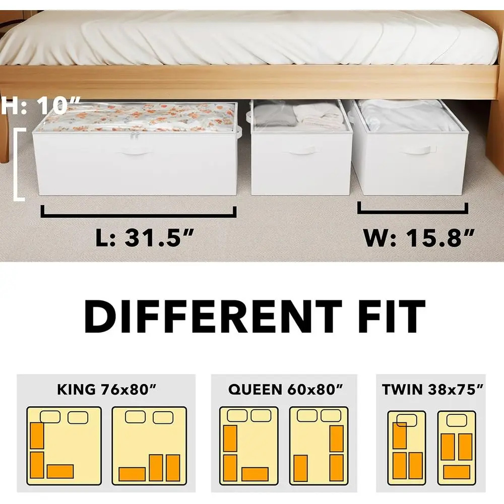 10 High Underbed Storage Boxes with Lids - Large Organizer Bins for Bedroom, Dorm, Clothes, and Bedding Storage (White)
