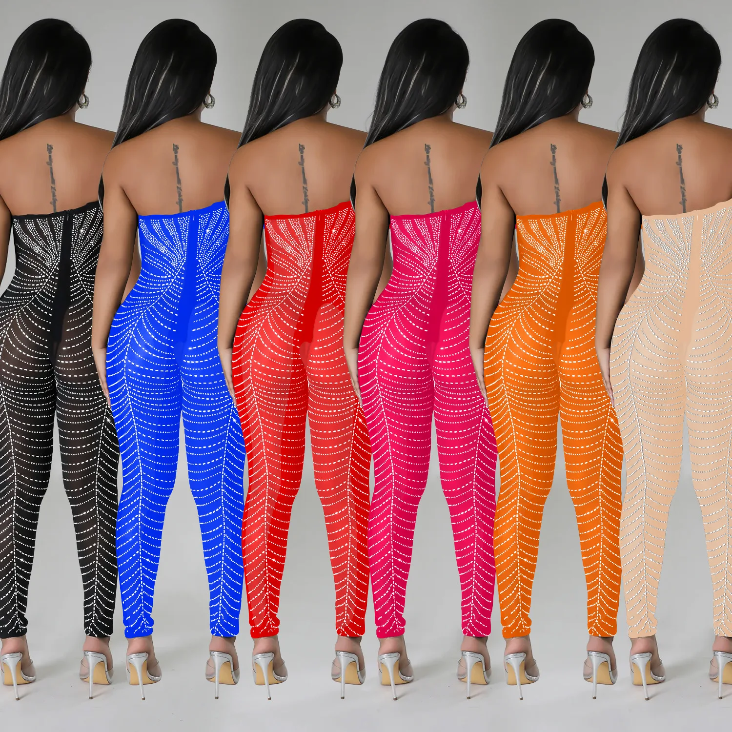 Mode Effen Kleur Feest Bijeenkomst Club Nachtclub Prom Sexy Mesh Hot Diamonds Broek Jumpsuit