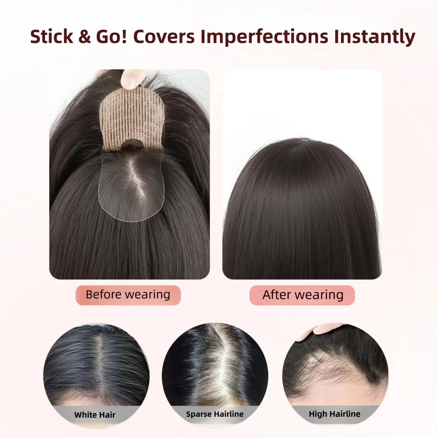 New Seamless Forehead Coverage No Clip Toppers Human Hair Fringe Bangs Magic Paste Hair Toppers For Women Cover Sparse Hair image 5