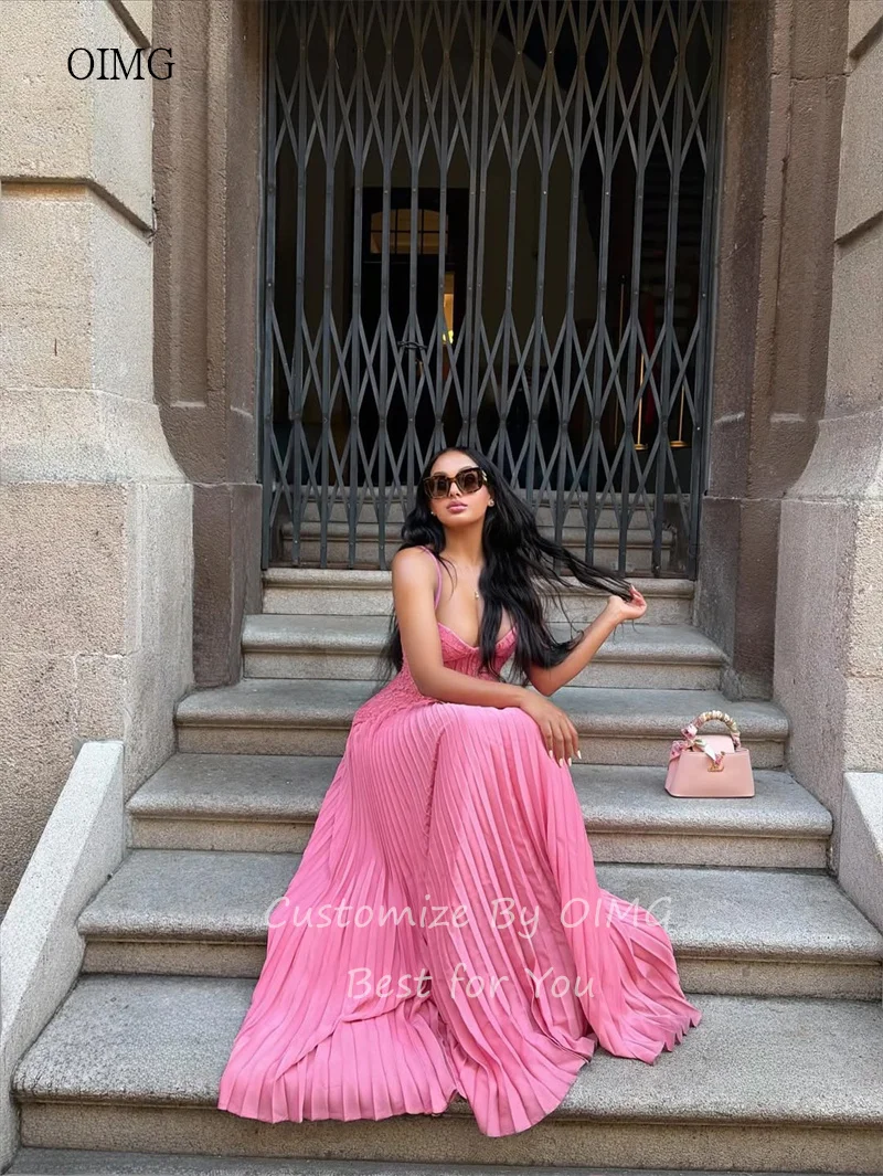 Oimg rosa quente renda cinta de espaguete uma linha vestidos de baile maxi querida pescoço vestido de festa até o chão vestido de noite personalizado